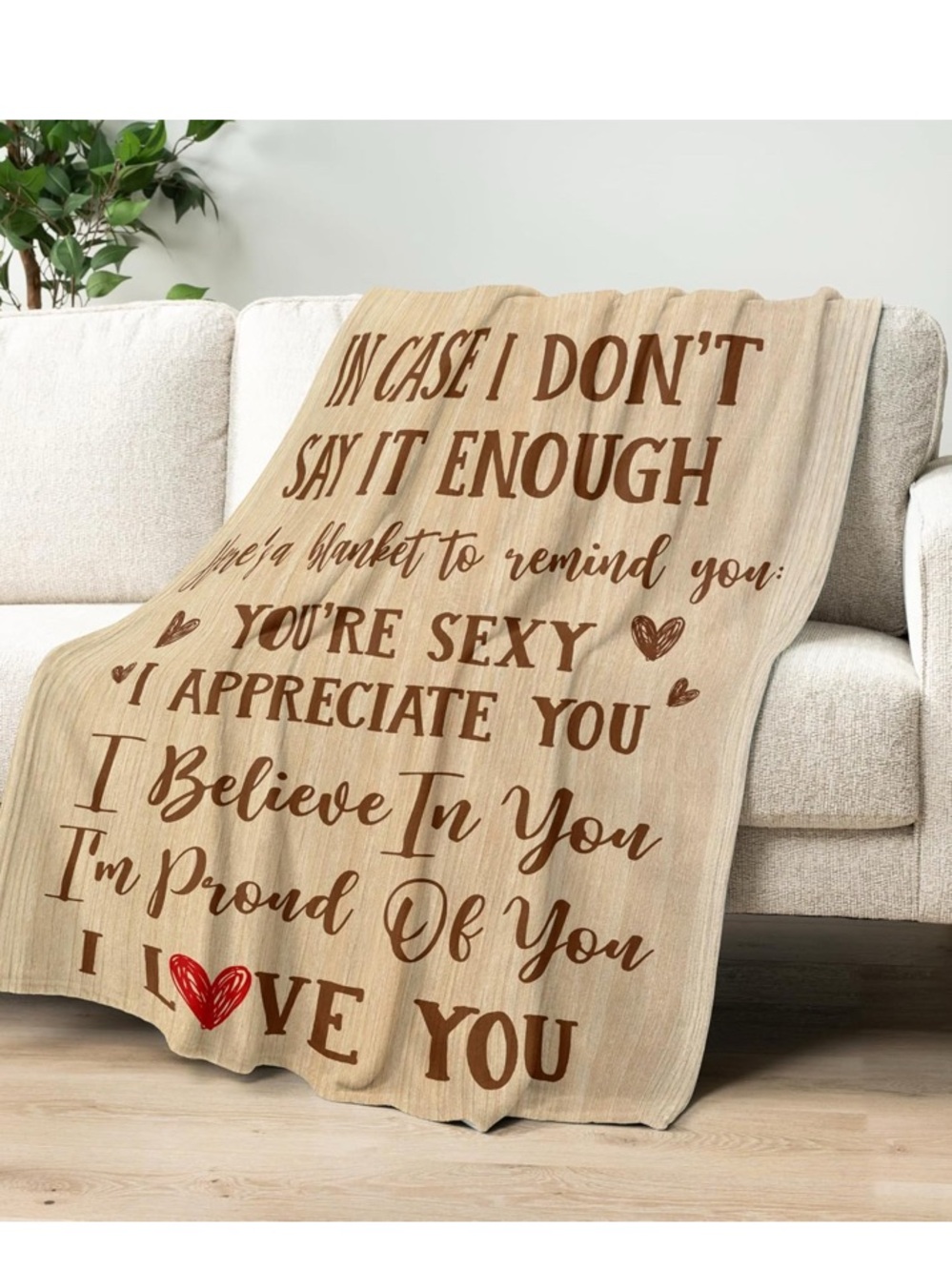 Uplifting Text Throw Blanket in Beige and Brown with Red Heart Accent
